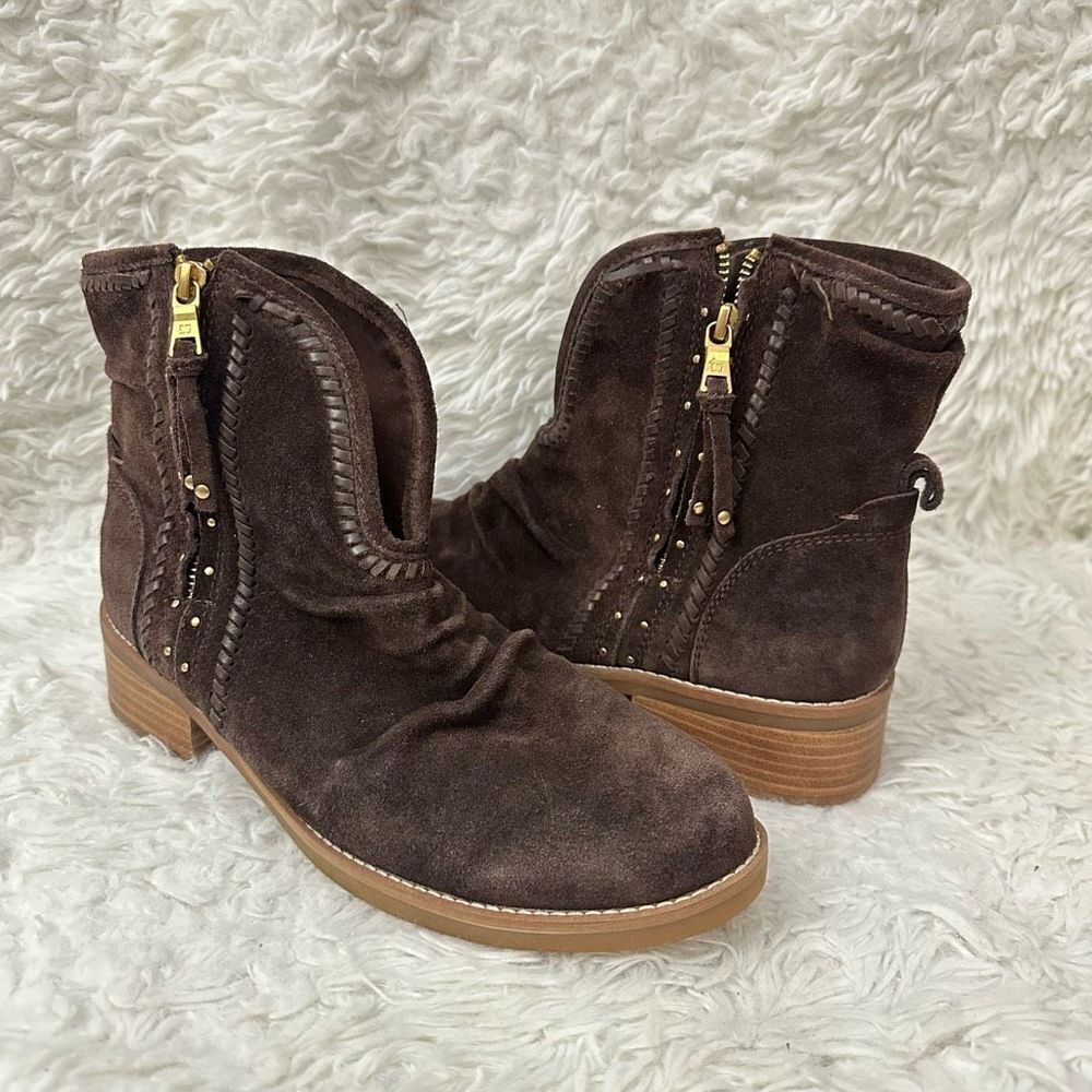Latigo Brown Cressa Suede Ankle Boots Suede, Side Zip Ruched Studded size 10M‎